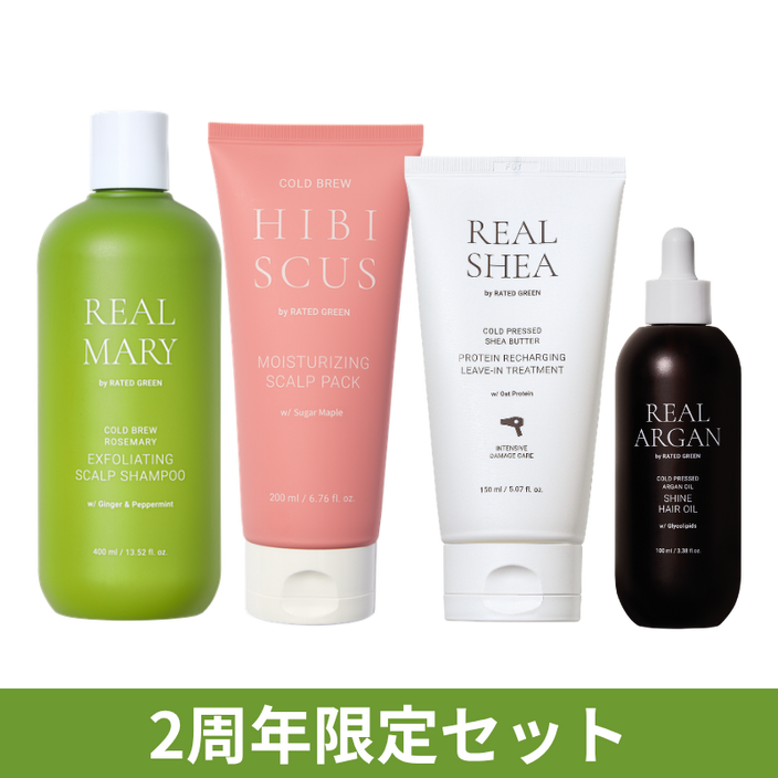 【2周年特別セット】人気No.1アイテムが勢ぞろい！リアルマリースカルプシャンプー400ml＋ハイビスカスモイスチャライジングスカルプパック200ml＋リアルシアプロテインリチャージトリートメント150ml＋リアルアルガンシャインヘアオイル100ml